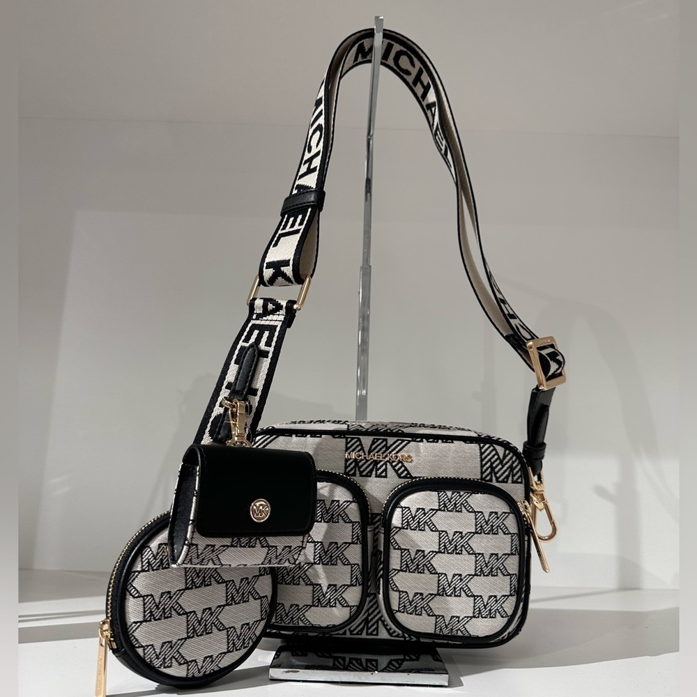 Michael Kors Jacquard Jet Set travel crossbody black tech pocket pouches multi - Picture 7 of 12